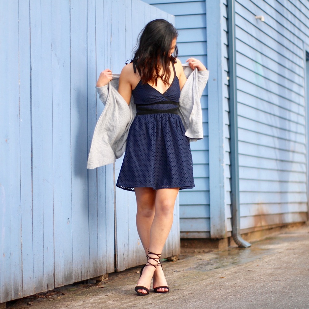 Blue eyelet lace and velvet detailing dress!